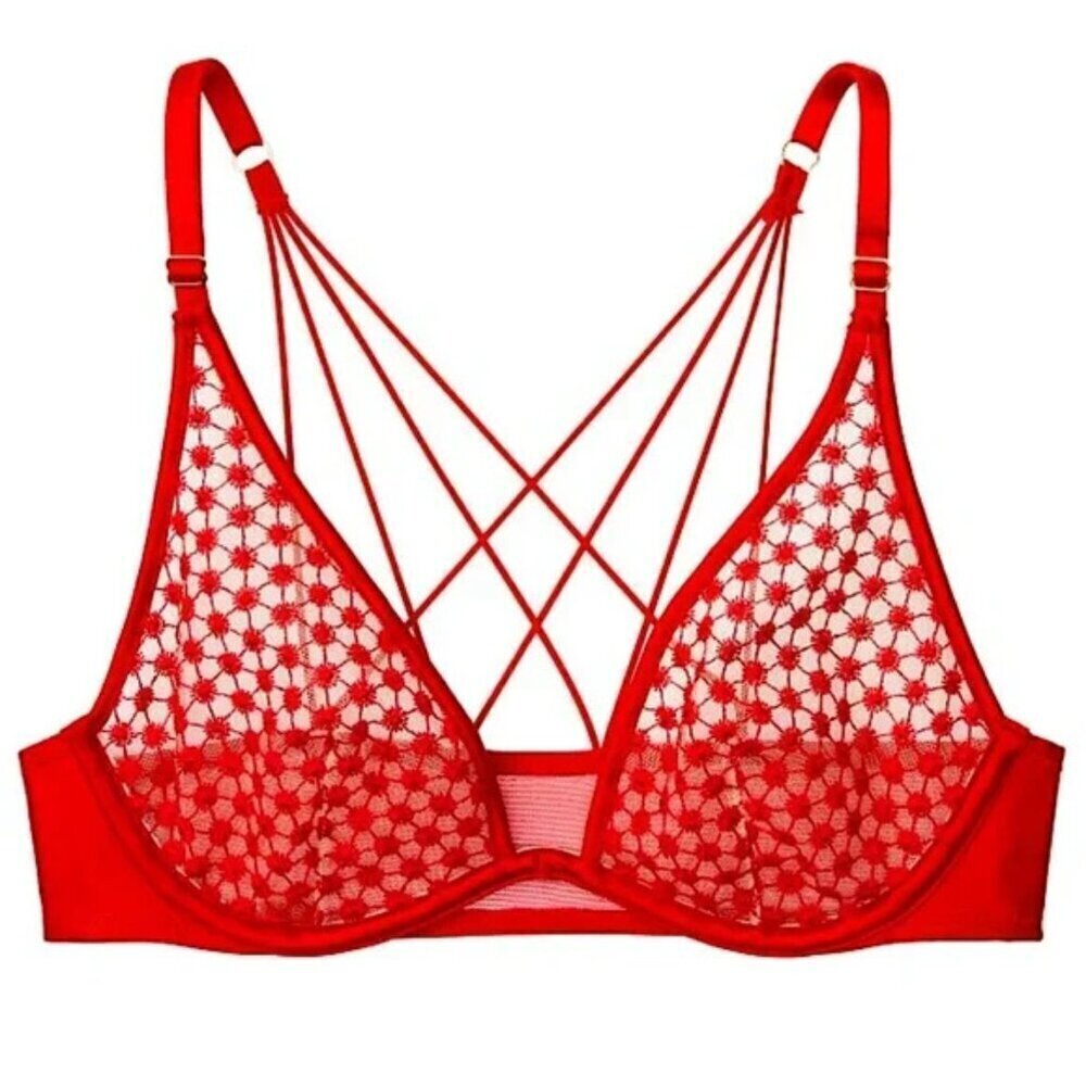 New! Victoria’s Secret Red Luxe Starburst Strappy Back Plunge Bra 10334